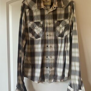 Hollister Men's Casual Plaid Shirt - Gray and Cream